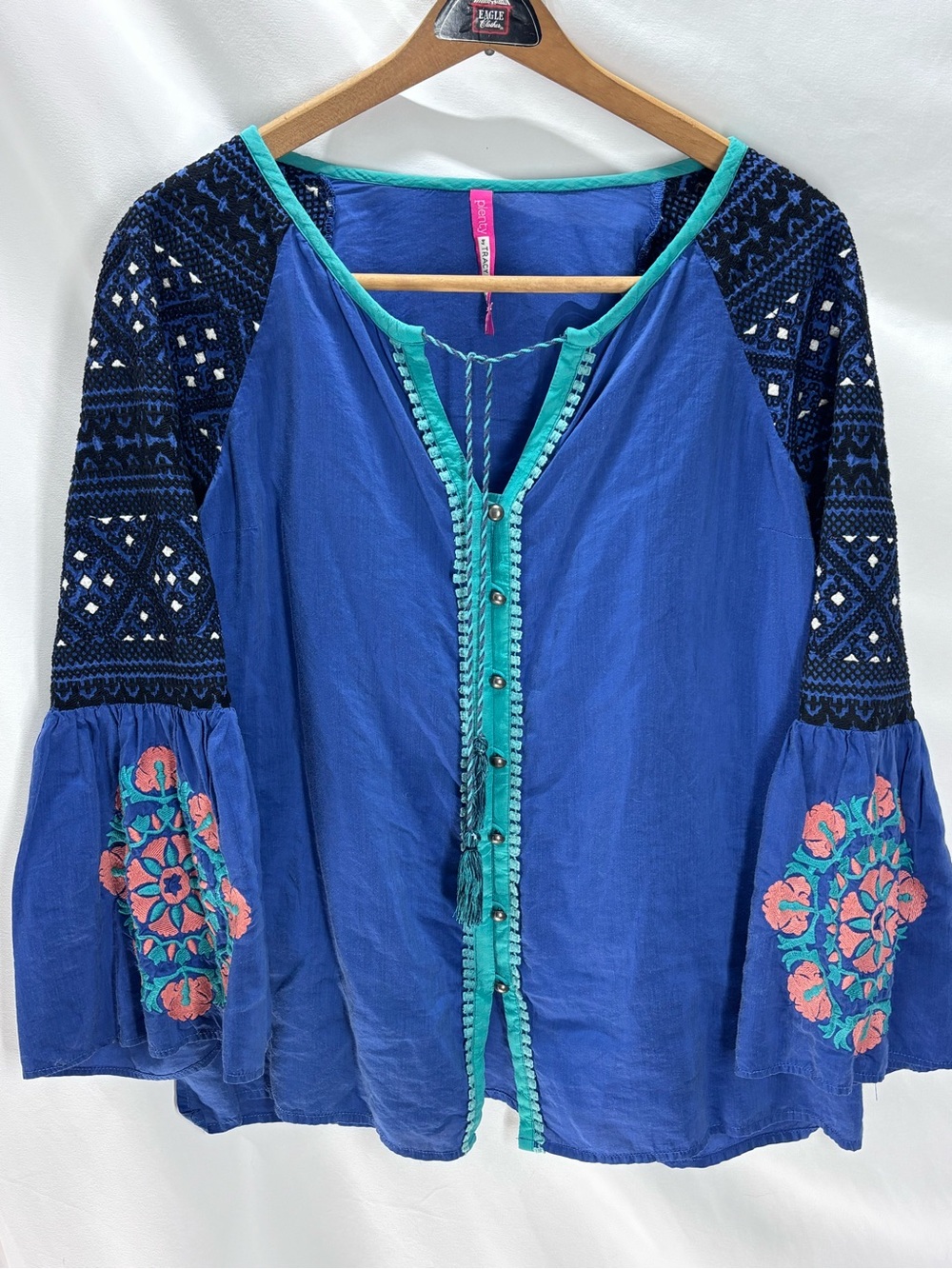 Plenty by Tracy Reese Embroidered Blue Peasant Boho Blouse Tunic Large